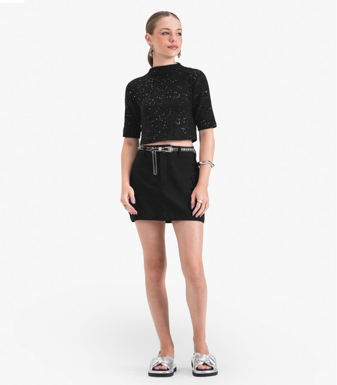 Infantil – Blusa Juvenil Feminina Manga Curta em Ribana Minty Preto