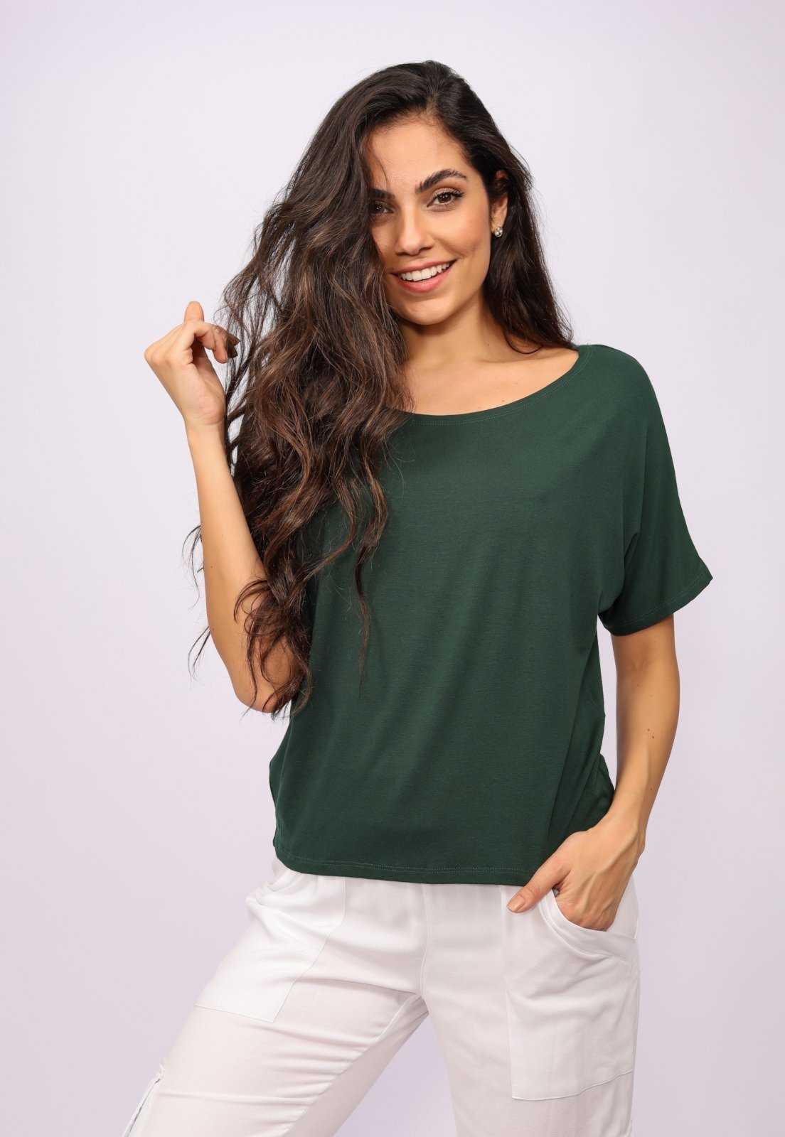 Blusa Morcego Amazonia Vital Malha Gola Canoa Manga Curta Verde Musgo