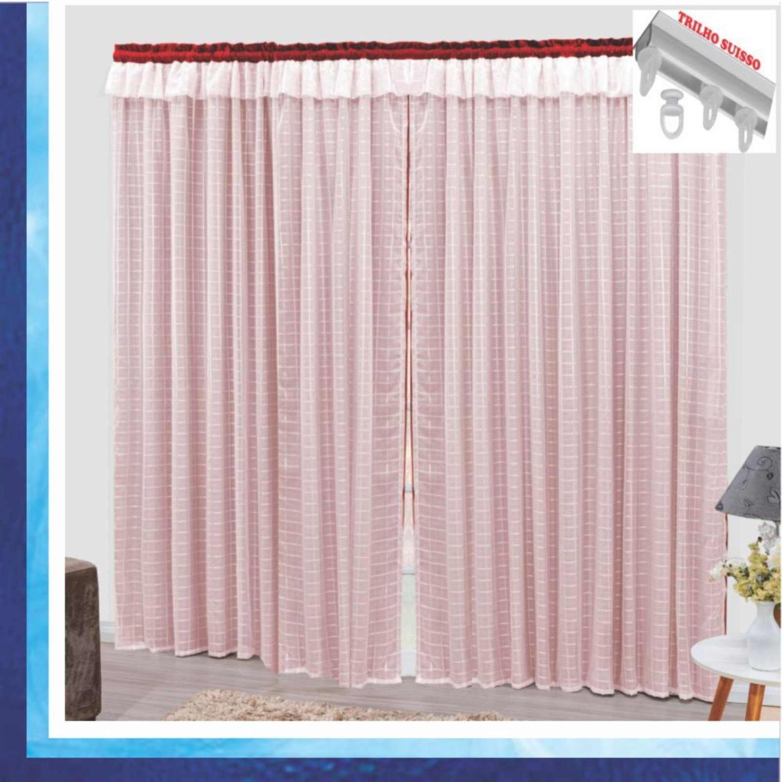 Cortina Romantic Semiblackout e Voal 3,00 x 2,60 Para Trilho Suisso - Vermelha - 100% Poliéster