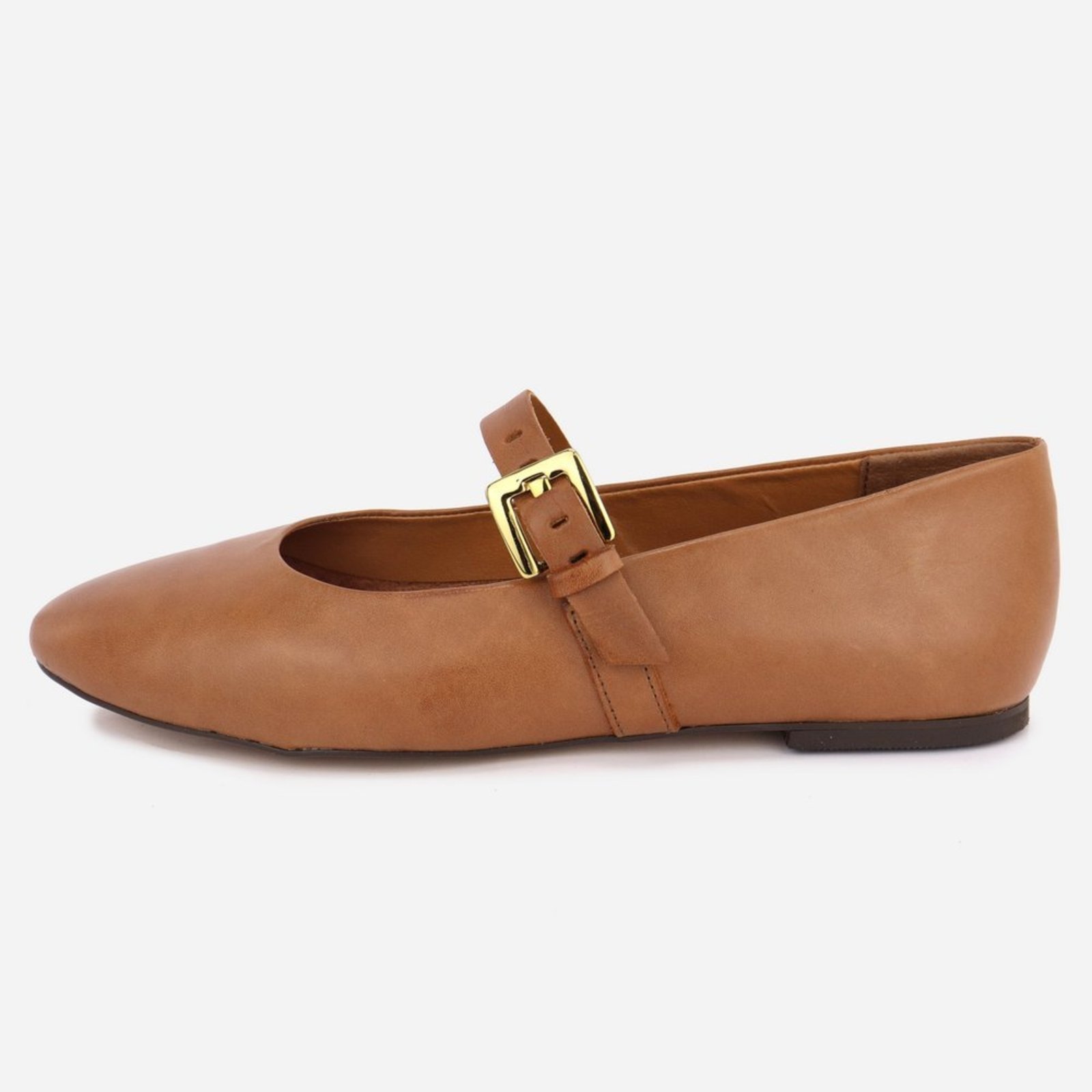 Sapatilha Feminina Mary Jane Bico Fino Em Couro Com Fivela Ajustável Elegante Casual Maria Paula Camel