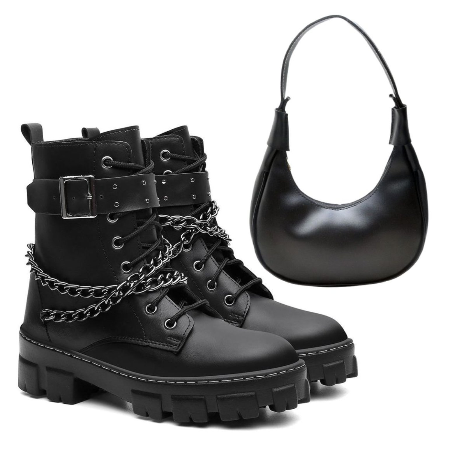 Kit Bota Feminina Coturno Anna Andrade Tratorado Casual Cano Baixo Corrente Tendência e Bolsa Preto