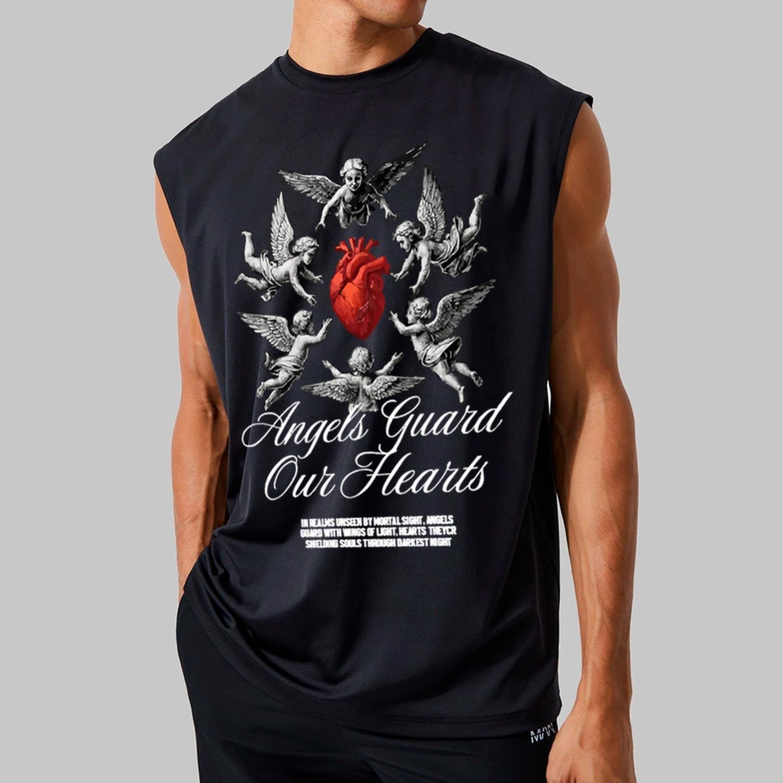 Camiseta Regata Machão Ousy Angels Guard Our Hearts Oversized Masculina Preto