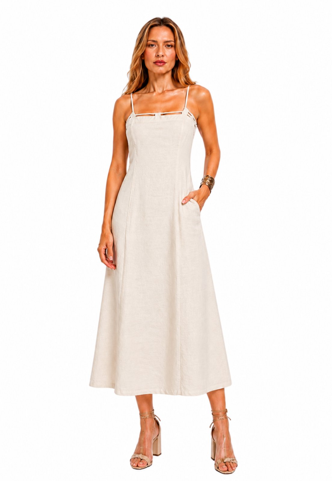 Vestido Midi Linho Soltinho com Alça e Amarração nas Costas - Bege