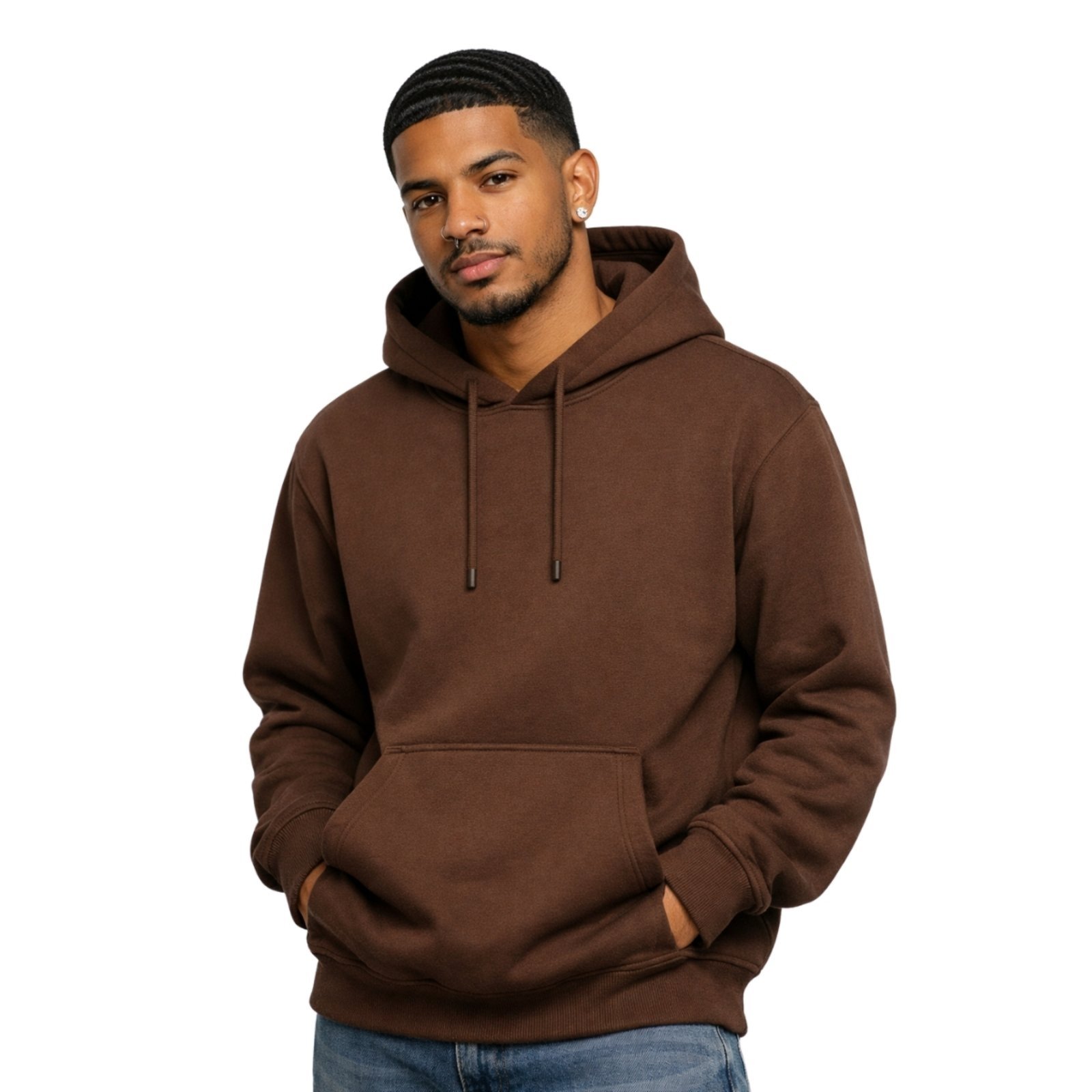 Moletom Relaxado Masculino Canguru Liso Confortável Café