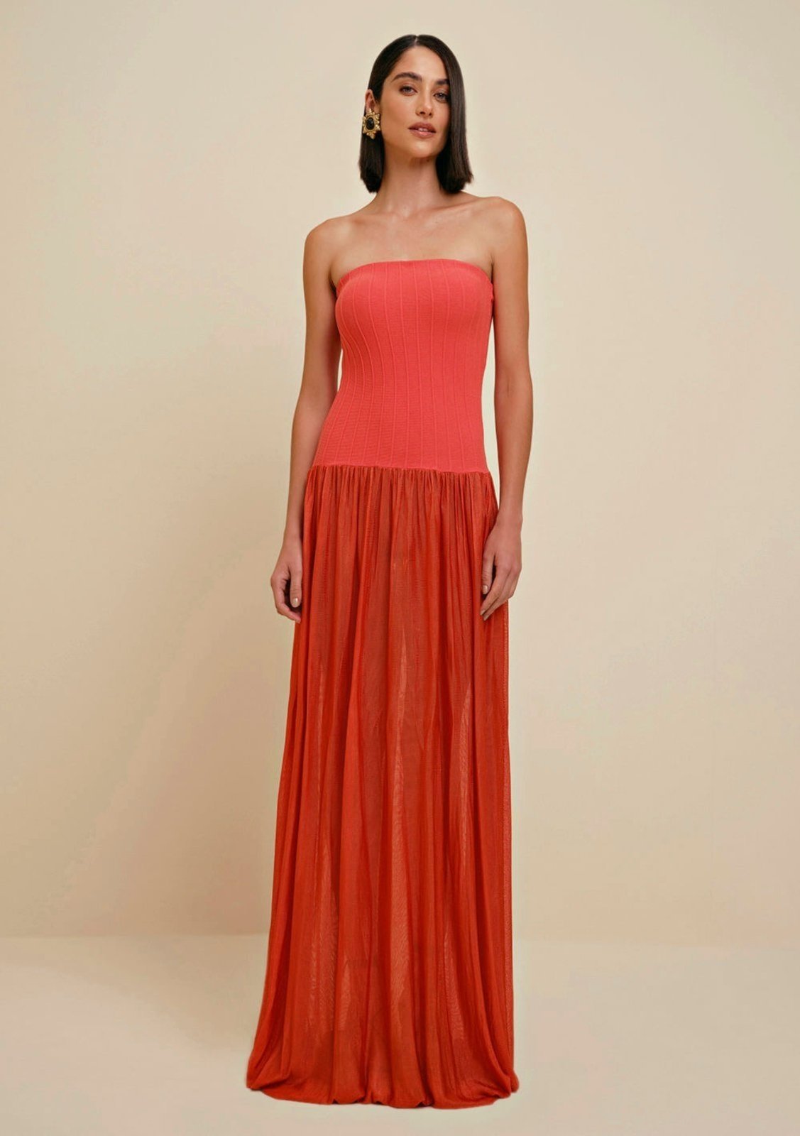 Vista 3 Vestido Morena Rosa Longo Decote Reto Tricot Laranja laranja rosa Morena Rosa laranja rosa