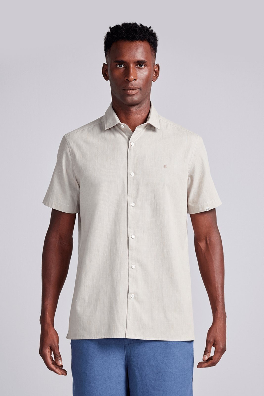 HIGHSTIL Camisa Manga Curta Lisa Slub Slim Fit - Bege Areia