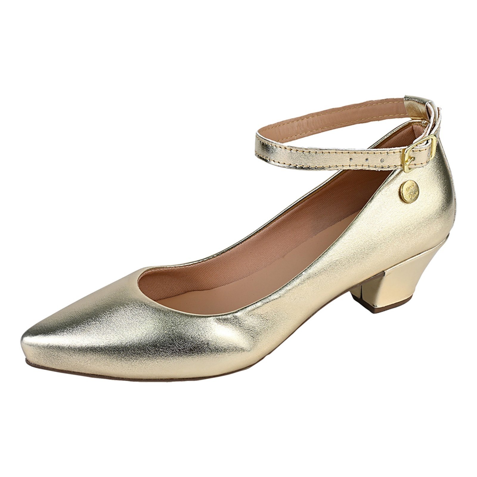 Salto Scarpin Tira Tornozelo Bico Fino Donna Santa Dourado