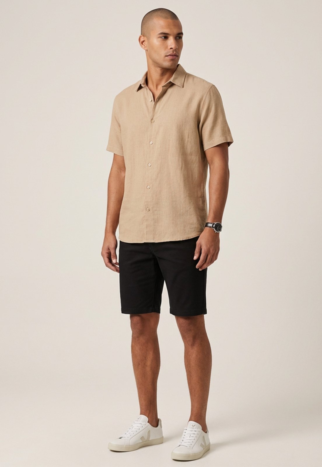 Vista 3 Bermuda Masculina Sarja Chino com Elastano Cintura Intermediária Lisa e Confortável Macaw bege/caramelo/cáqui Macaw bege/caramelo/cáqui