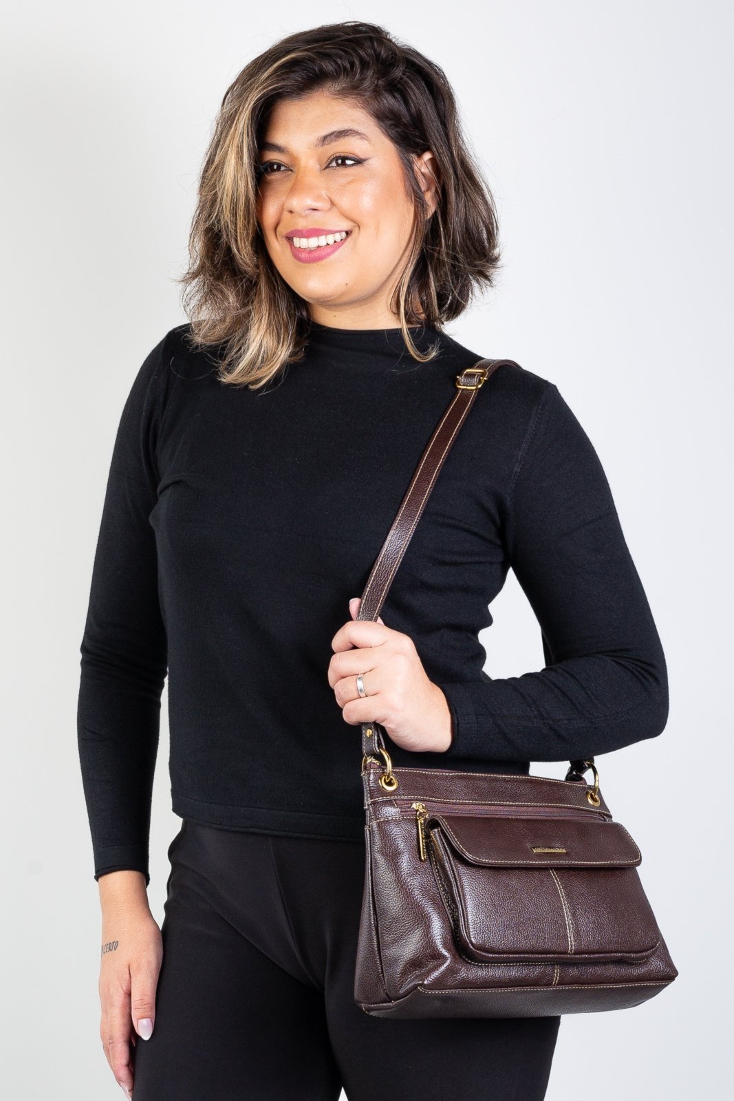 Vista 3 Bolsa Andrea Vinci Tiracolo De Couro Liso Celine - Café vermelho Andrea Vinci vermelho
