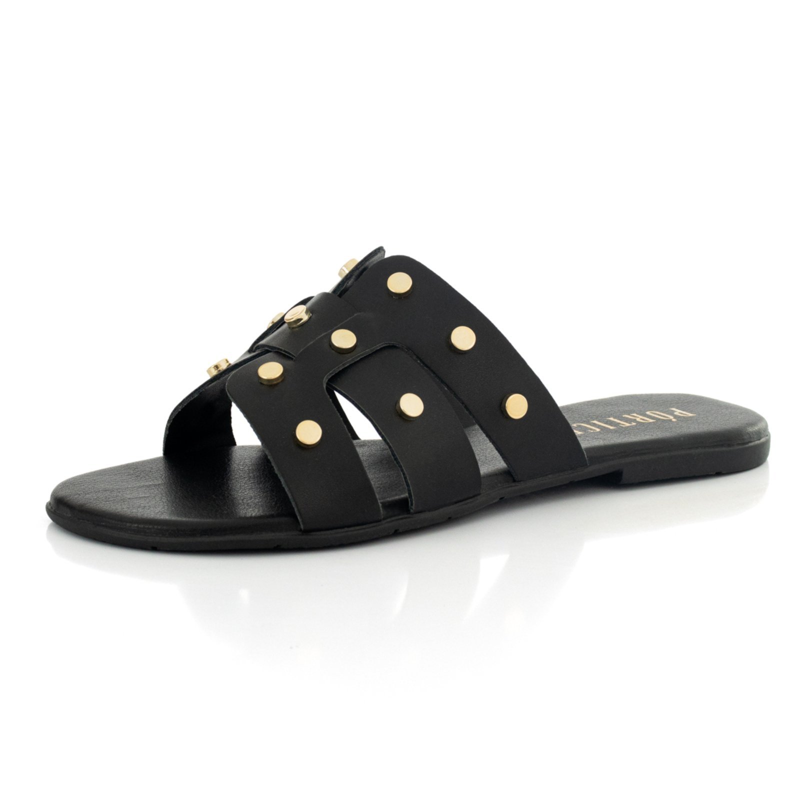 Sandália Feminina Rasteira Flat Metal Enfeite Brilho Preto
