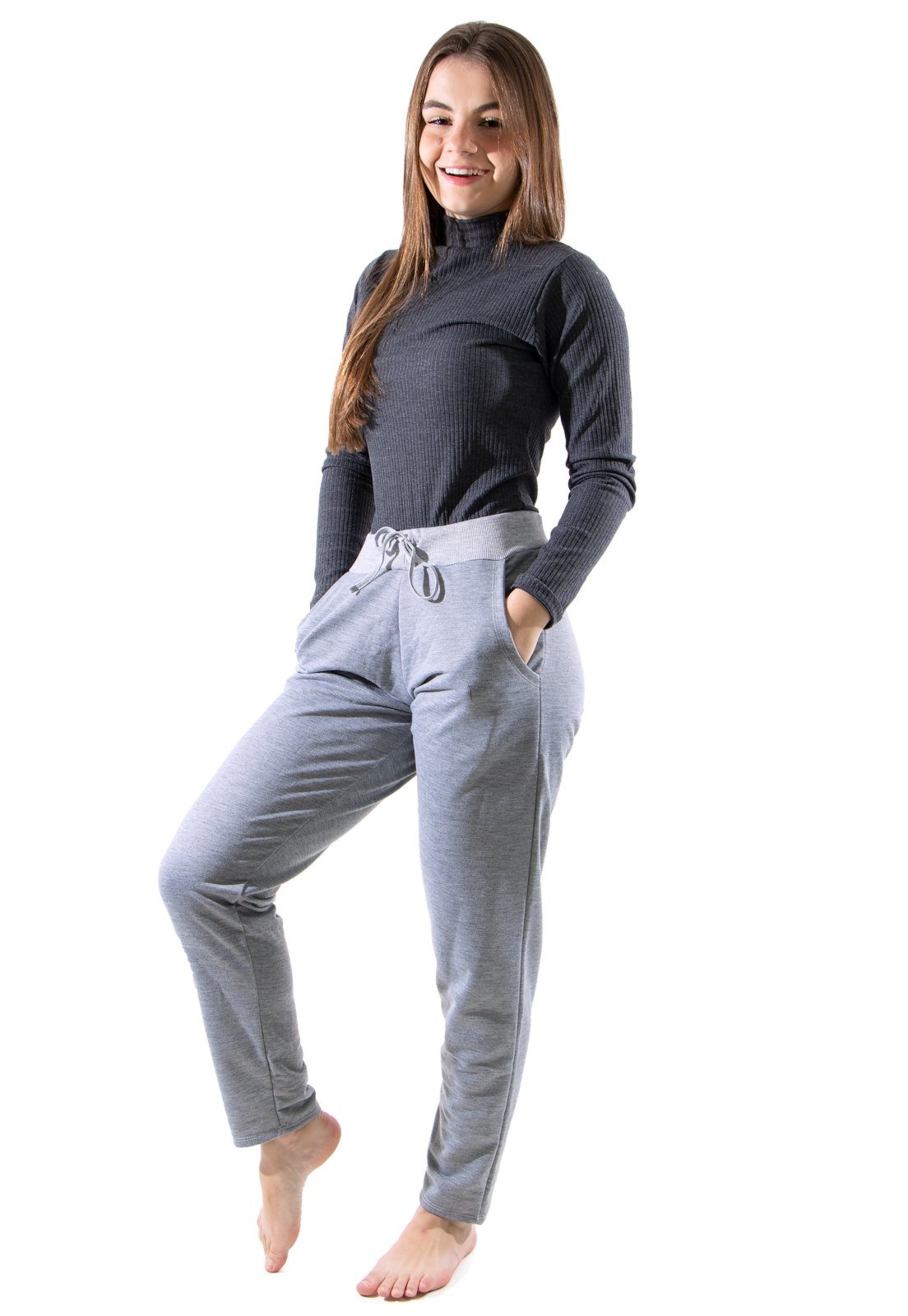 Calça Moletinho 4 Estações Feminino Flanelado Lisa Inverno Cintura Alta Cinza Claro
