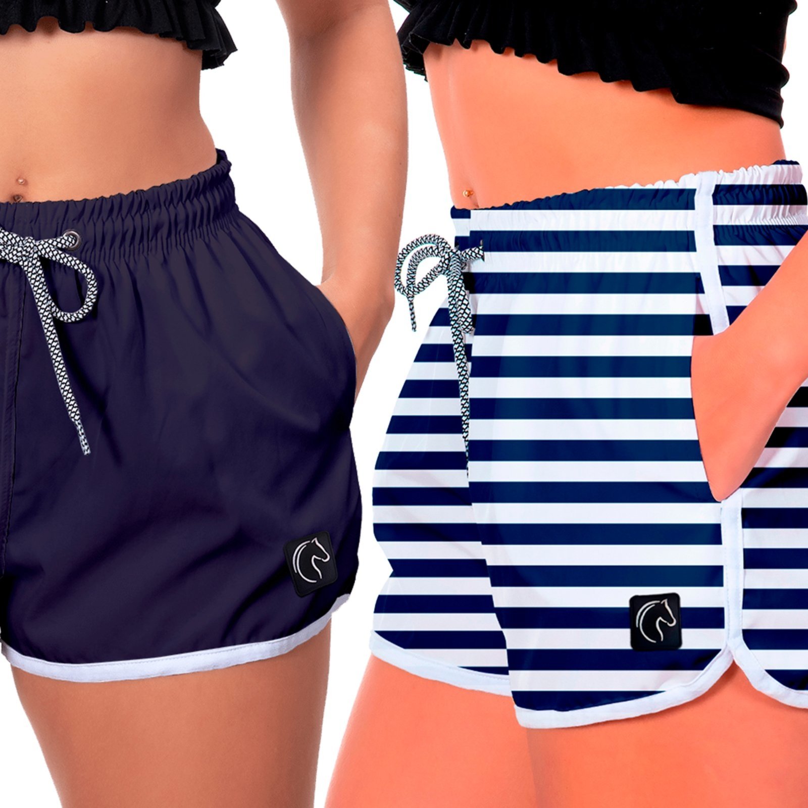 Kit 2 Shorts Feminino Premium Secagem Rápida com Elástico Cordão Ajustável e Bolsos Moda Praia Casual ou Treino Academia Azul Marinho e Listrado Azul