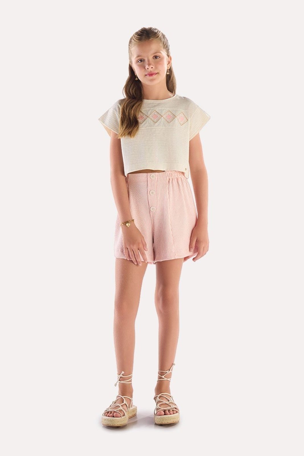 Infantil - Conjunto Blusa Off em Linho e Shorts Clochard Texturizado