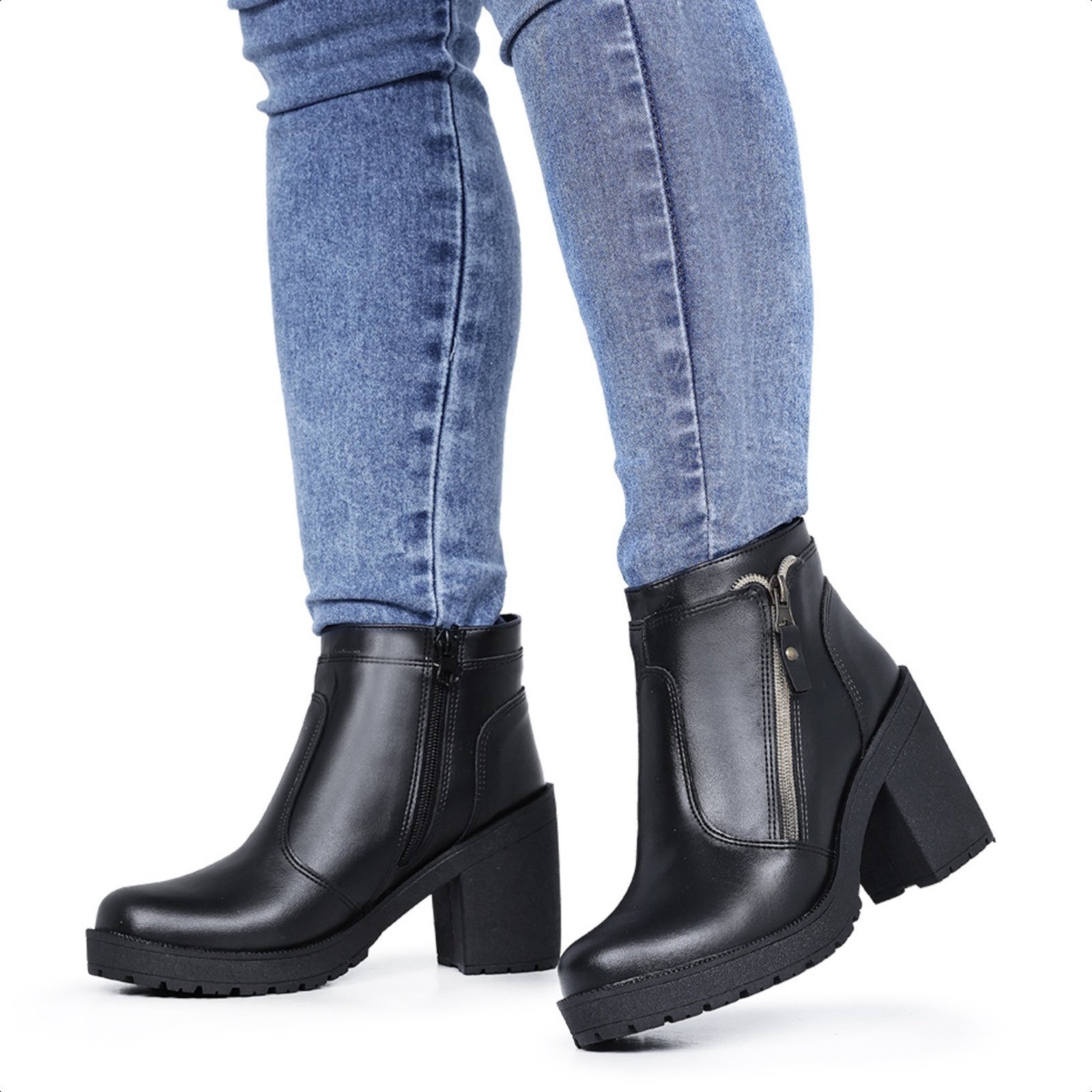 Vista 3 Bota Cano Curto Feminina Salto Tratorado Preta Bia Ramos preto Bia Ramos preto