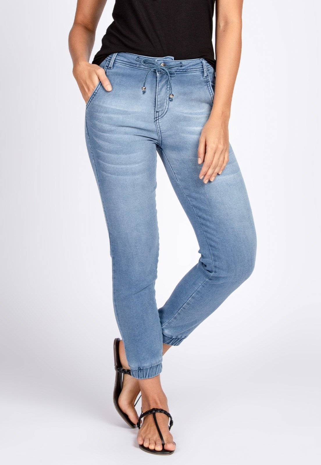 Calça Jogger Jeans Bloom Moletom Elástico Barra Azul Claro