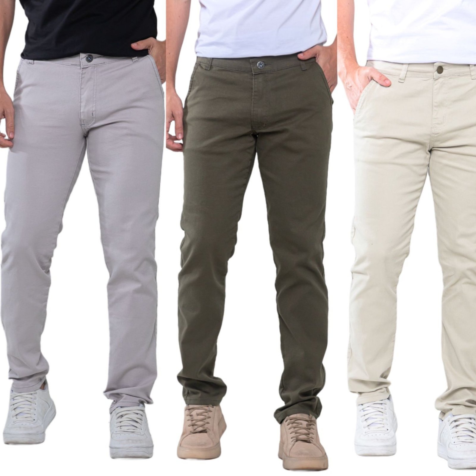 Kit 3 Calças Sarja Masculina KOVALI Skinny Casual Premium Confortável com Elastano Cinza e Verde