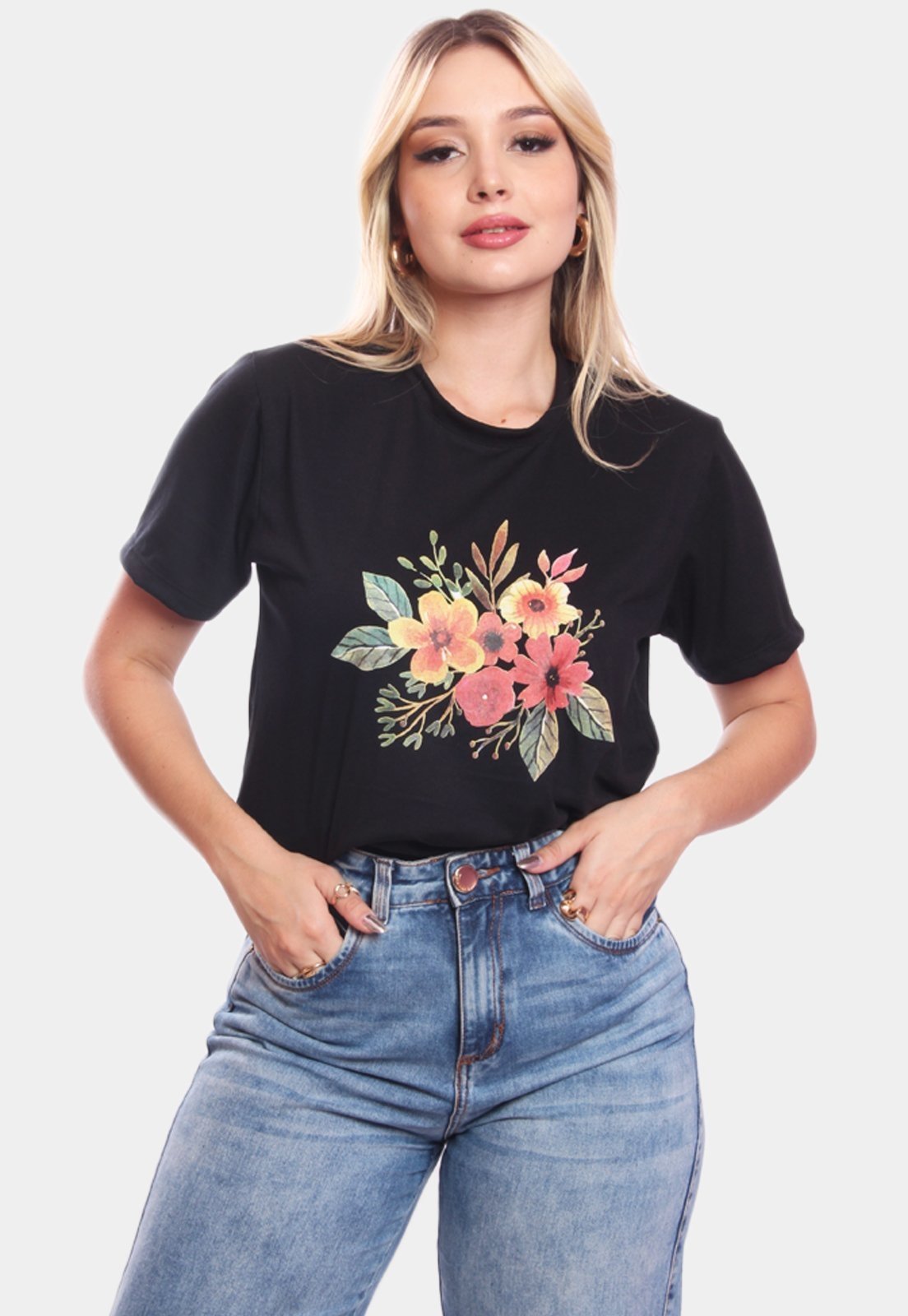 Tshirt Blusa Feminina Ramo de Flores Estampada Manga Curta Camiseta Camisa Preto