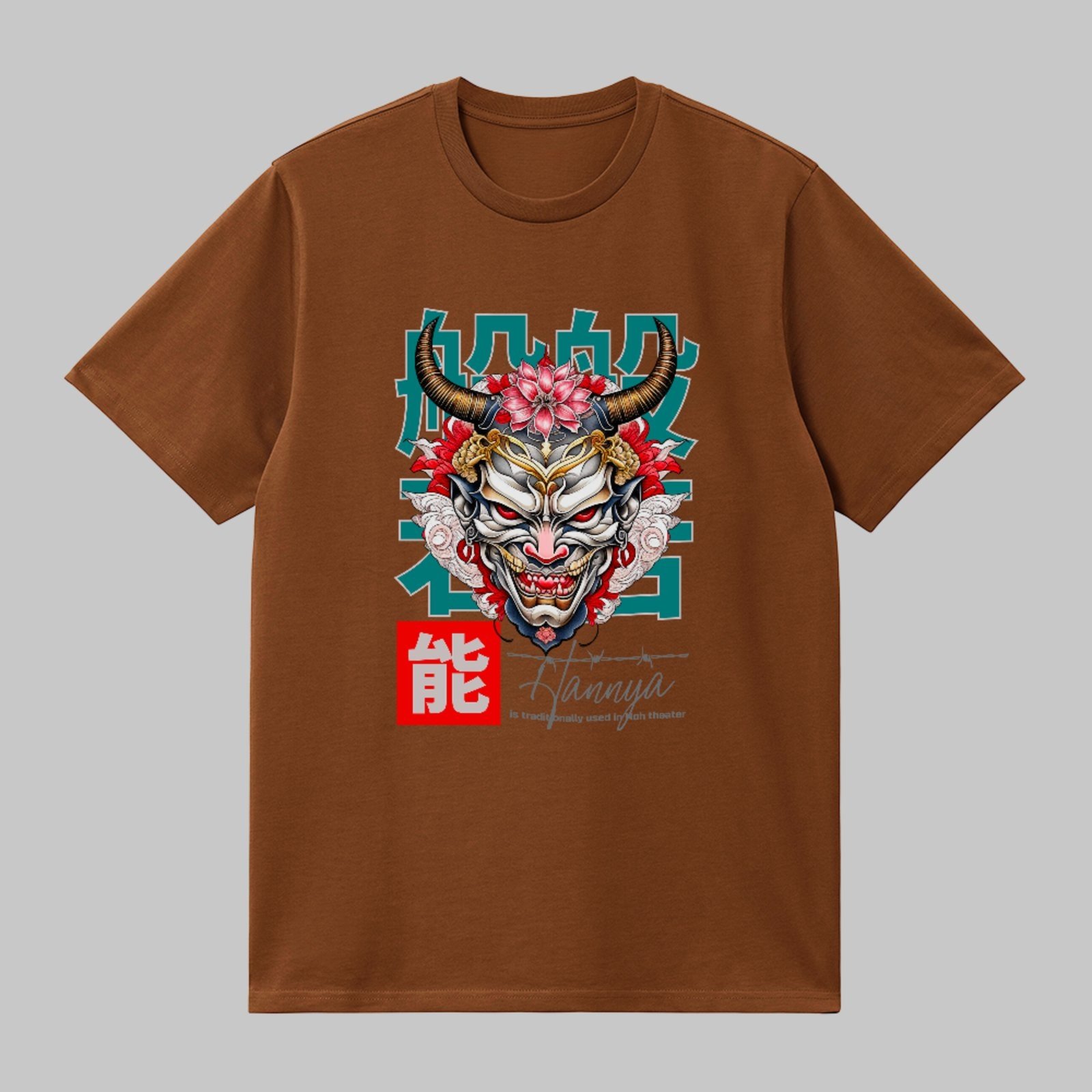 Camiseta Básica Hannya Samurai Arte Oriental Japonesa Unissex Marrom
