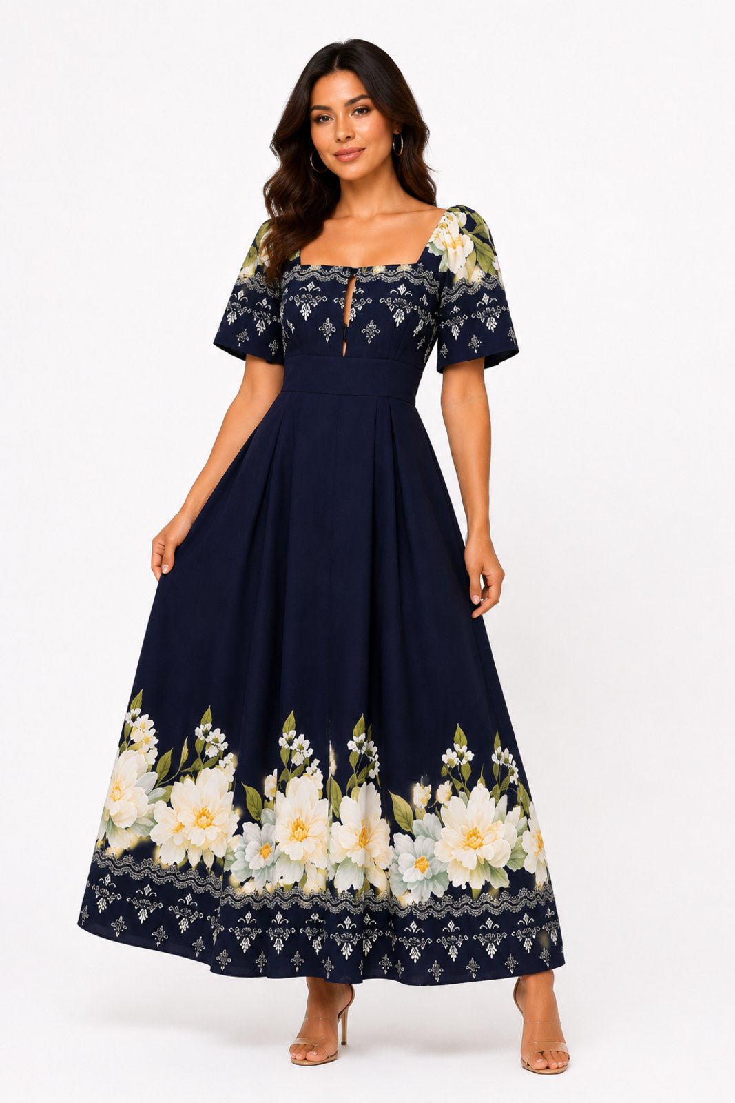 Vestido Longo D Bell Outlet Floral Decote Quadrado Azul Marinho