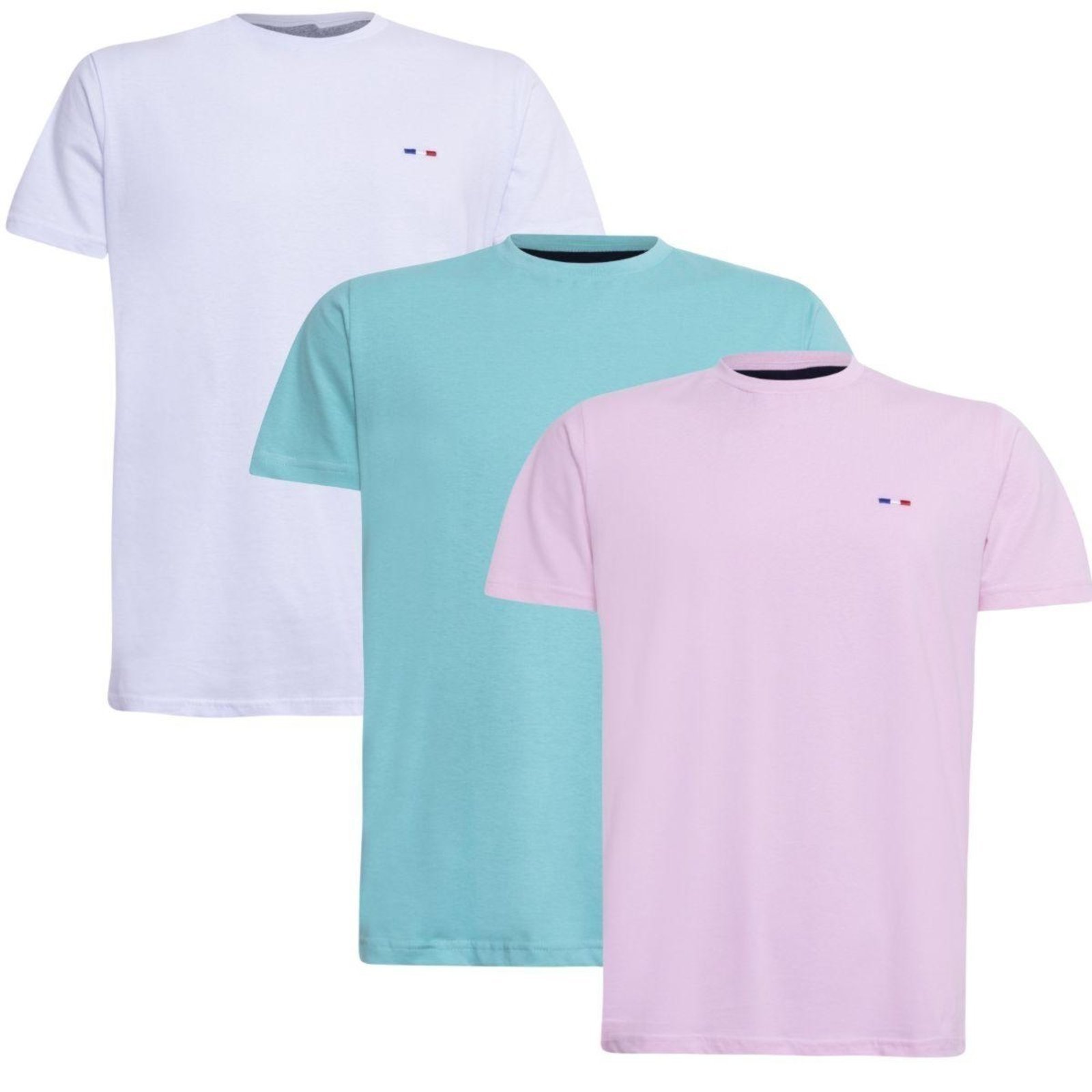 Kit 3 Peças Camisetas Básicas Masculina FMF Azul Branco Rosa em Algodão Premium no Estilo Tommy Bordado França
