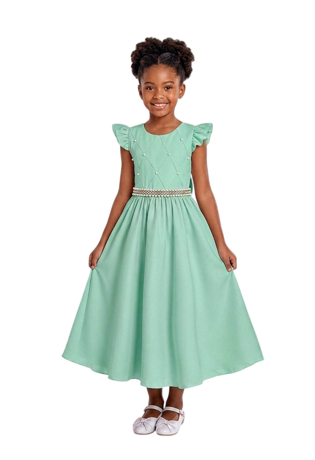 Infantil - Vestido Longo Social Verde Menta Festa Formatura Casamento Pérolas Dama Daminha Menina Juvenil Juvenil Princesa Rodado Florista Aniversário Luxo