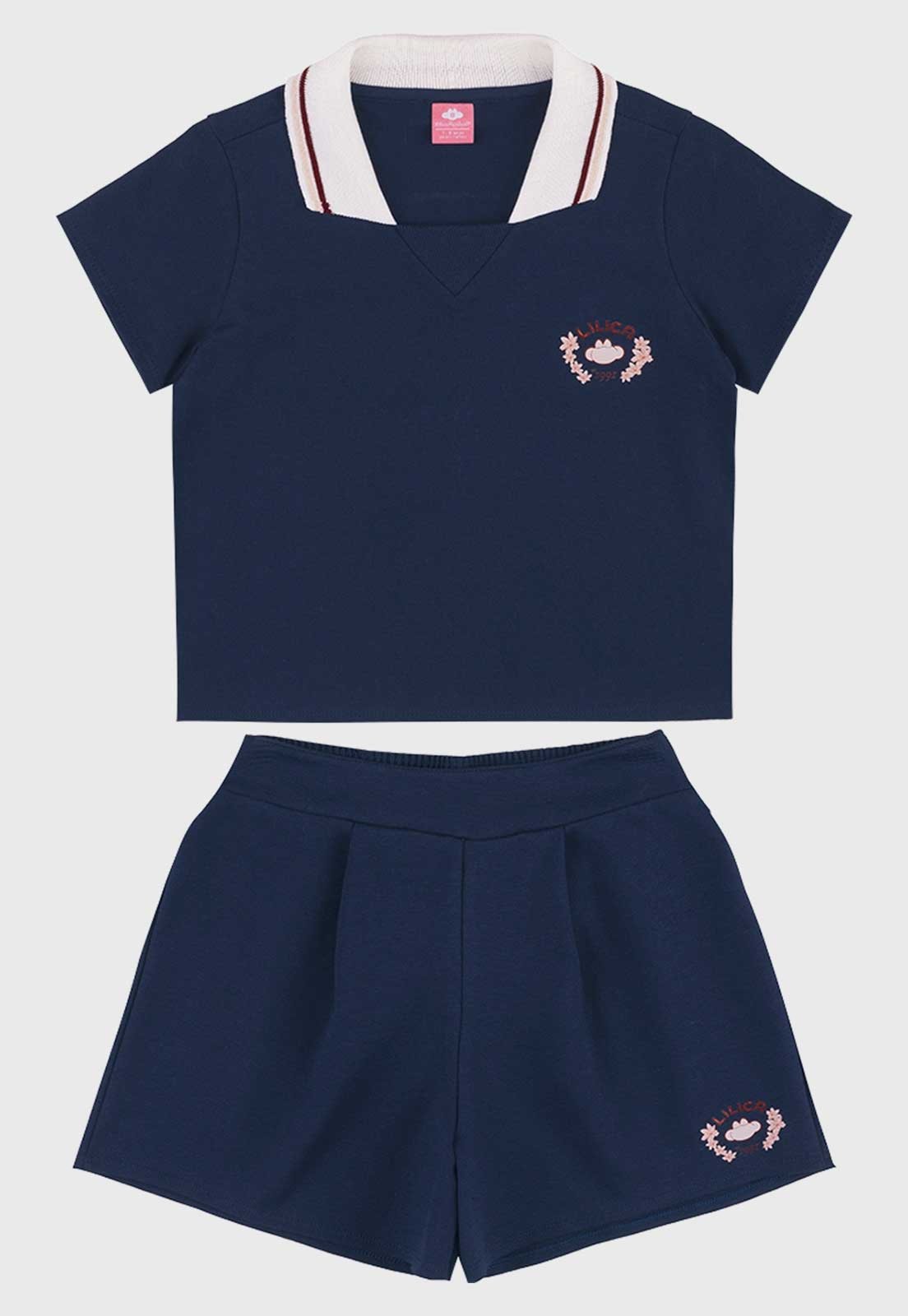 Infantil - Conjunto Lilica Ripilica Gola Polo Saia Short Azul-Marinho