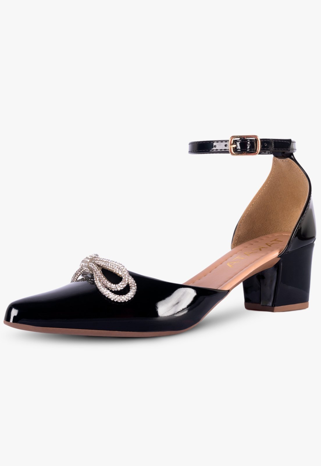 Scarpin Feminino Takata Salto Baixo Bloco Grosso Salomé Bico Fino Laço Strass Brilho Preto