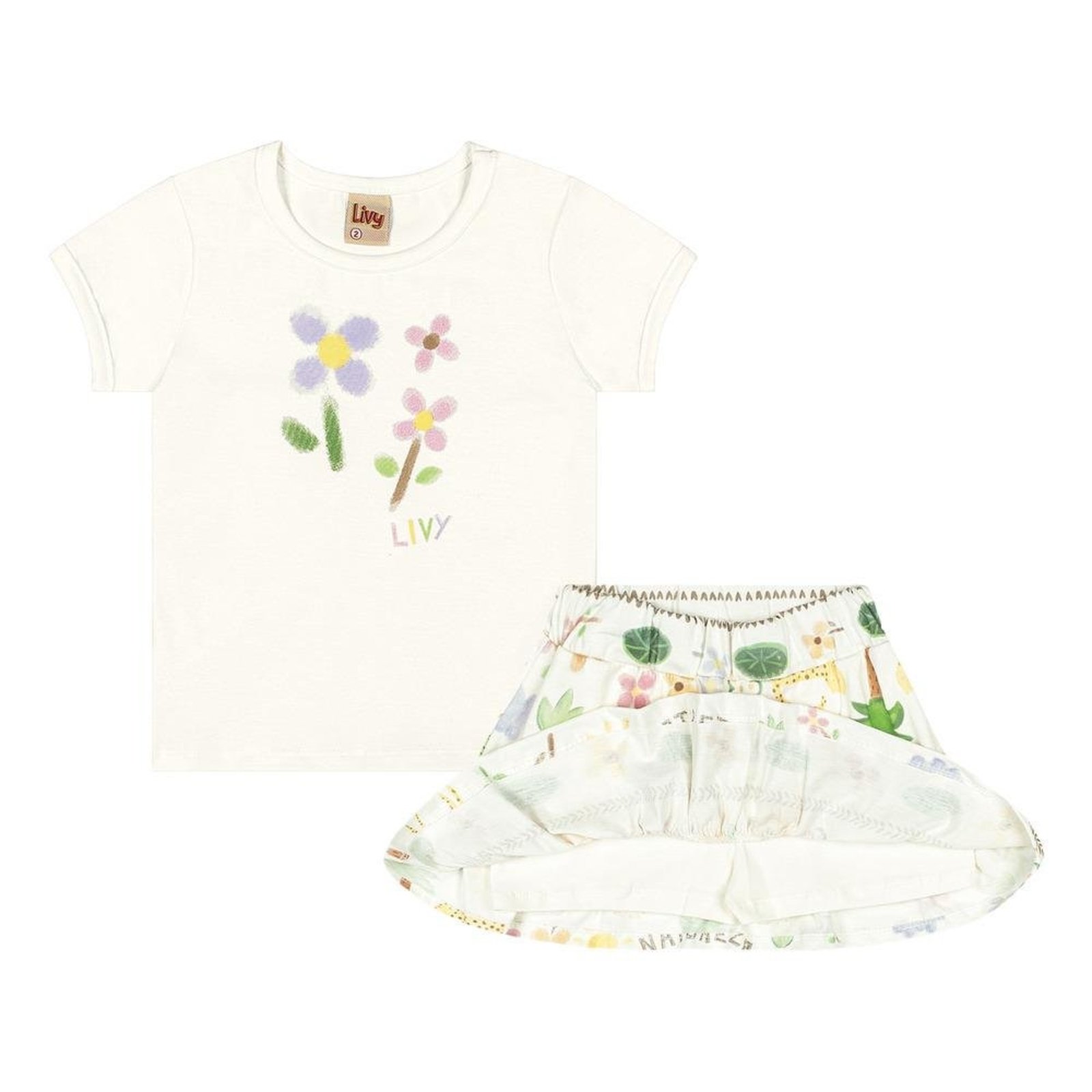 Infantil - Conjunto Feminino Camiseta Short Saia Estampado Livy Creme 1 Amarelo