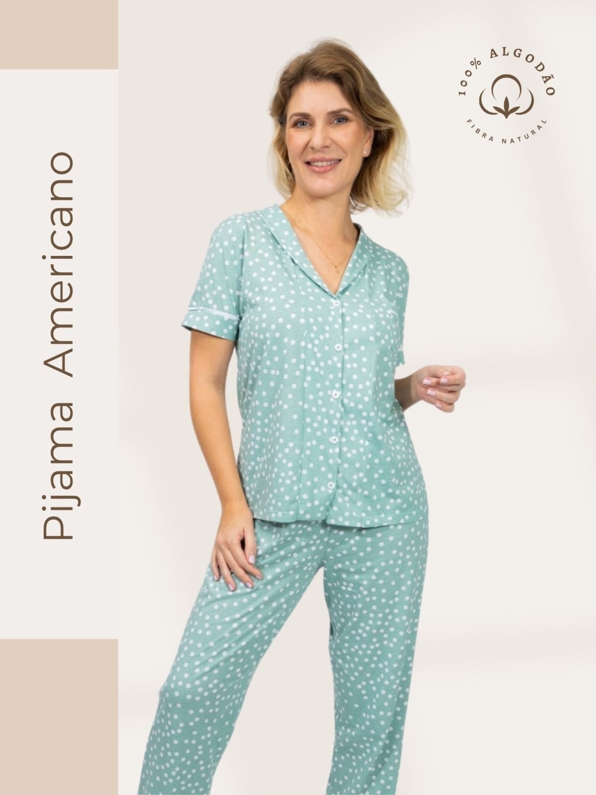 Pijama Algodão Americano Feminino Camisa Manga Curta e Calça Joana – Verde Poá