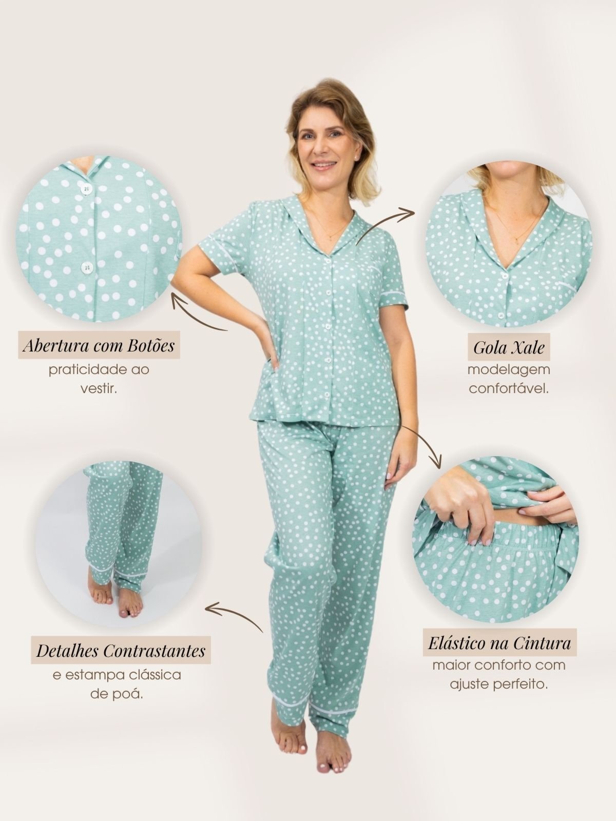 Vista 3 Pijama Algodão Americano Feminino Camisa Manga Curta e Calça Joana Poá Piante verde Piante verde