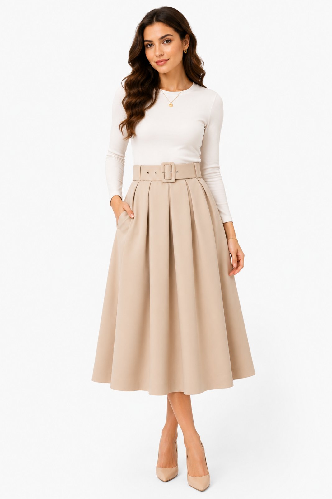 Saia Midi Evasê D Bell Outlet Fashion Cinto Encapado Bege