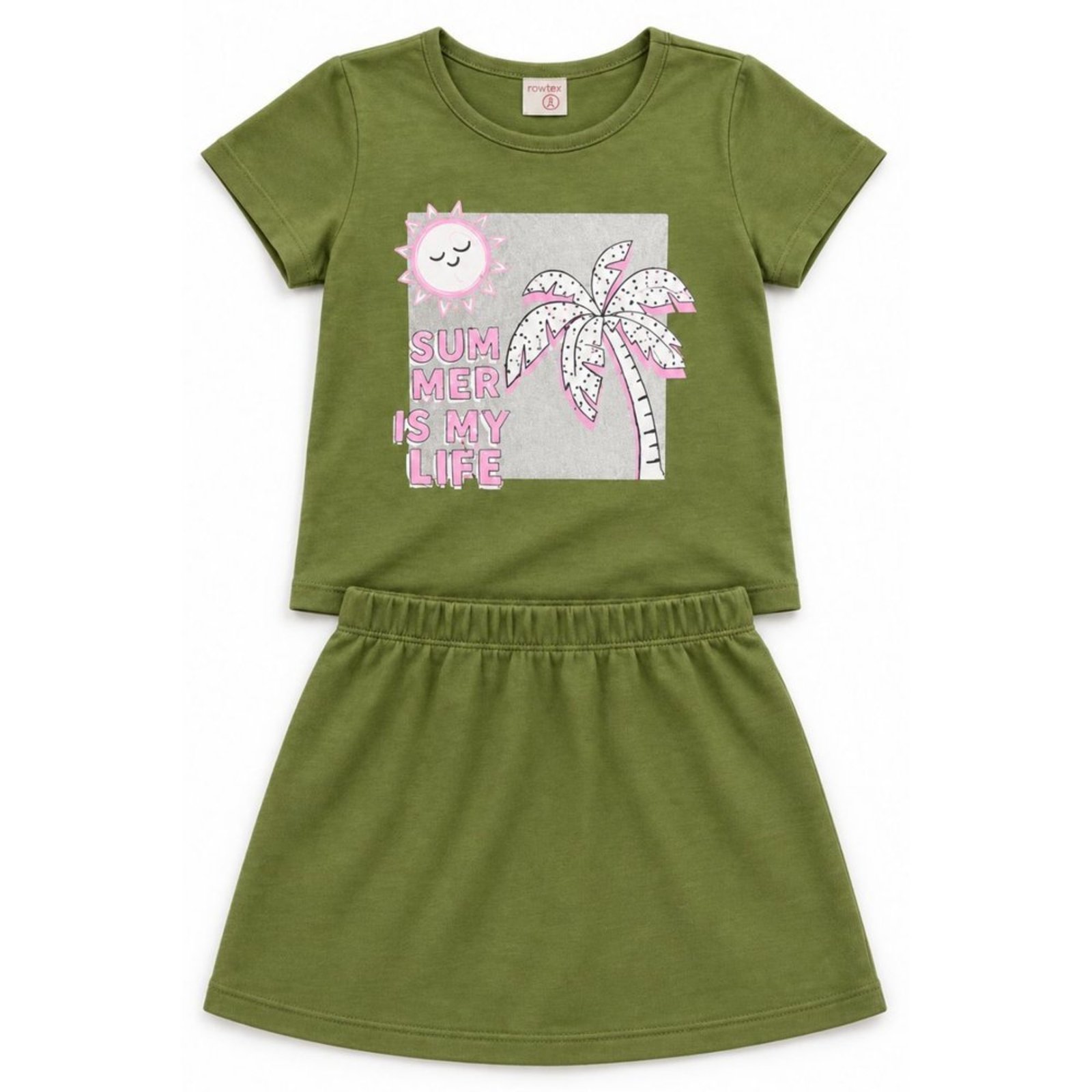 Infantil - Conjunto Menina Cropped Meia Malha Penteada e Shorts Saia Moletinho