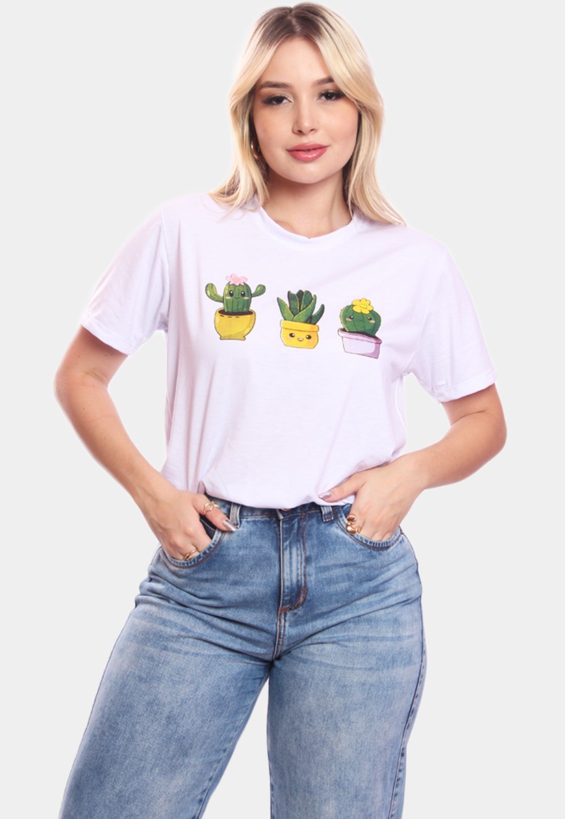 Tshirt Blusa Feminina Cactos Estampada Manga Curta Camiseta Camisa Branco