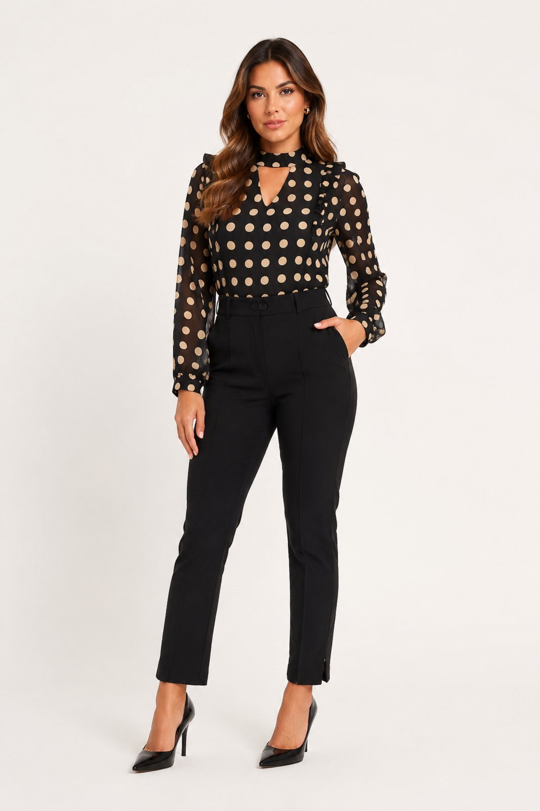 Blusa Manga Longa Feminina D Bell Outlet Fashion Poá Preta