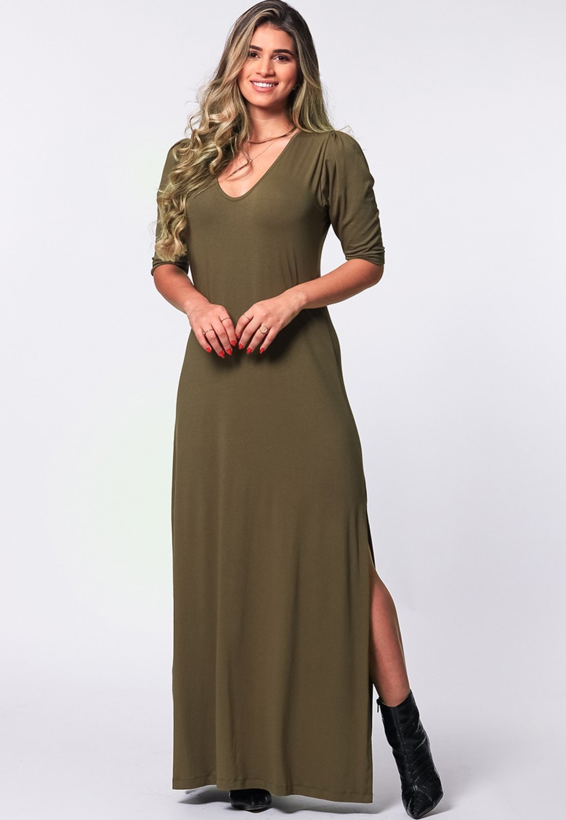 Vestido Longo Fenda Lateral B’Bonnie Tiana Verde Militar