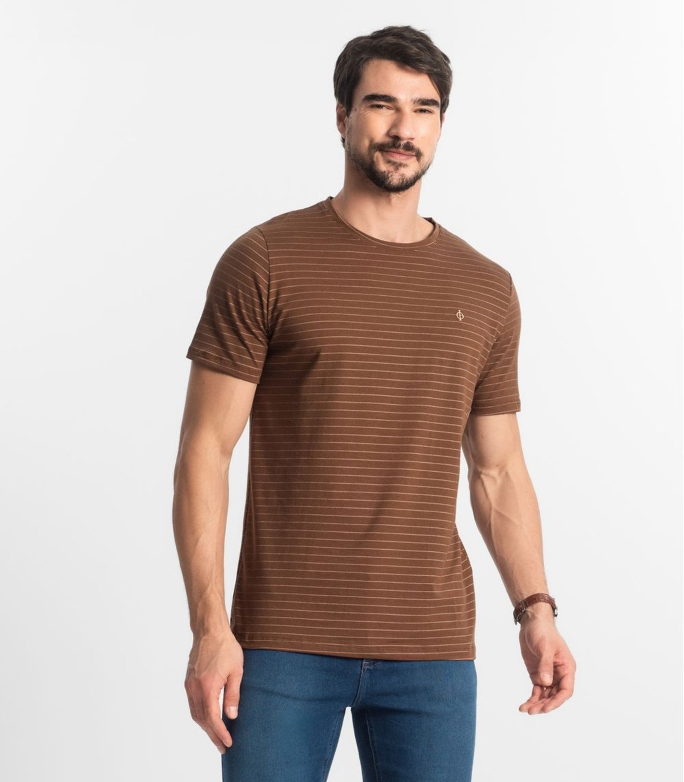 Vista 2 Camiseta Masculina Cotton Listrado Diametro marrom Diametro marrom