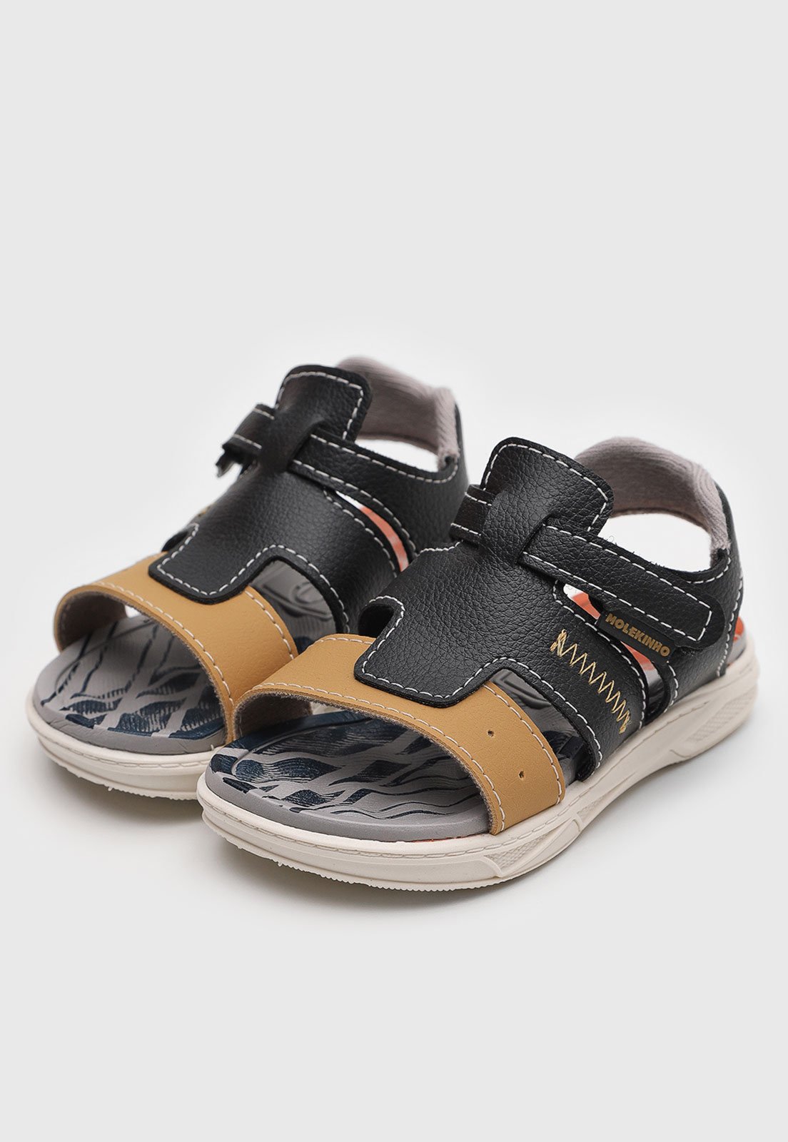 Vista 2 Infantil - Sandália Molekinho Tiras Velcro Preta e Caramelo preto MOLEKINHO preto