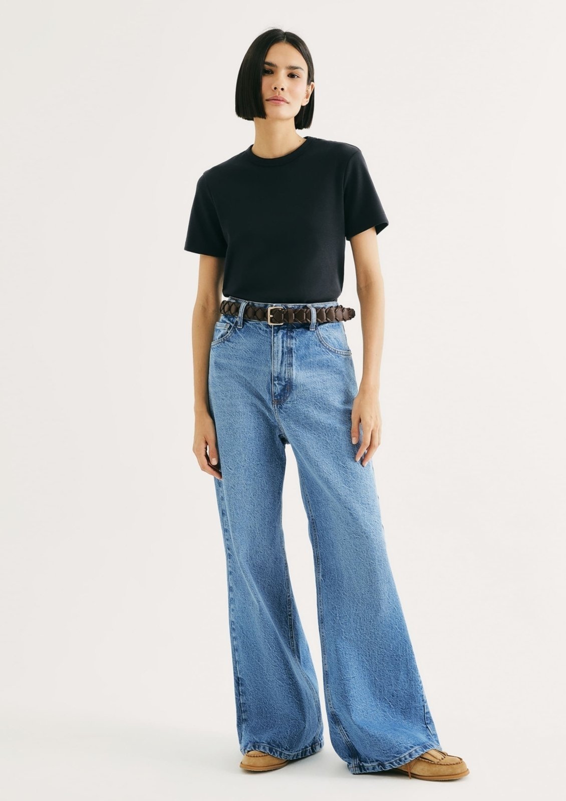 Vista 2 Calça Jeans Feminina Pantalona Cintura Alta Hering azul Hering azul