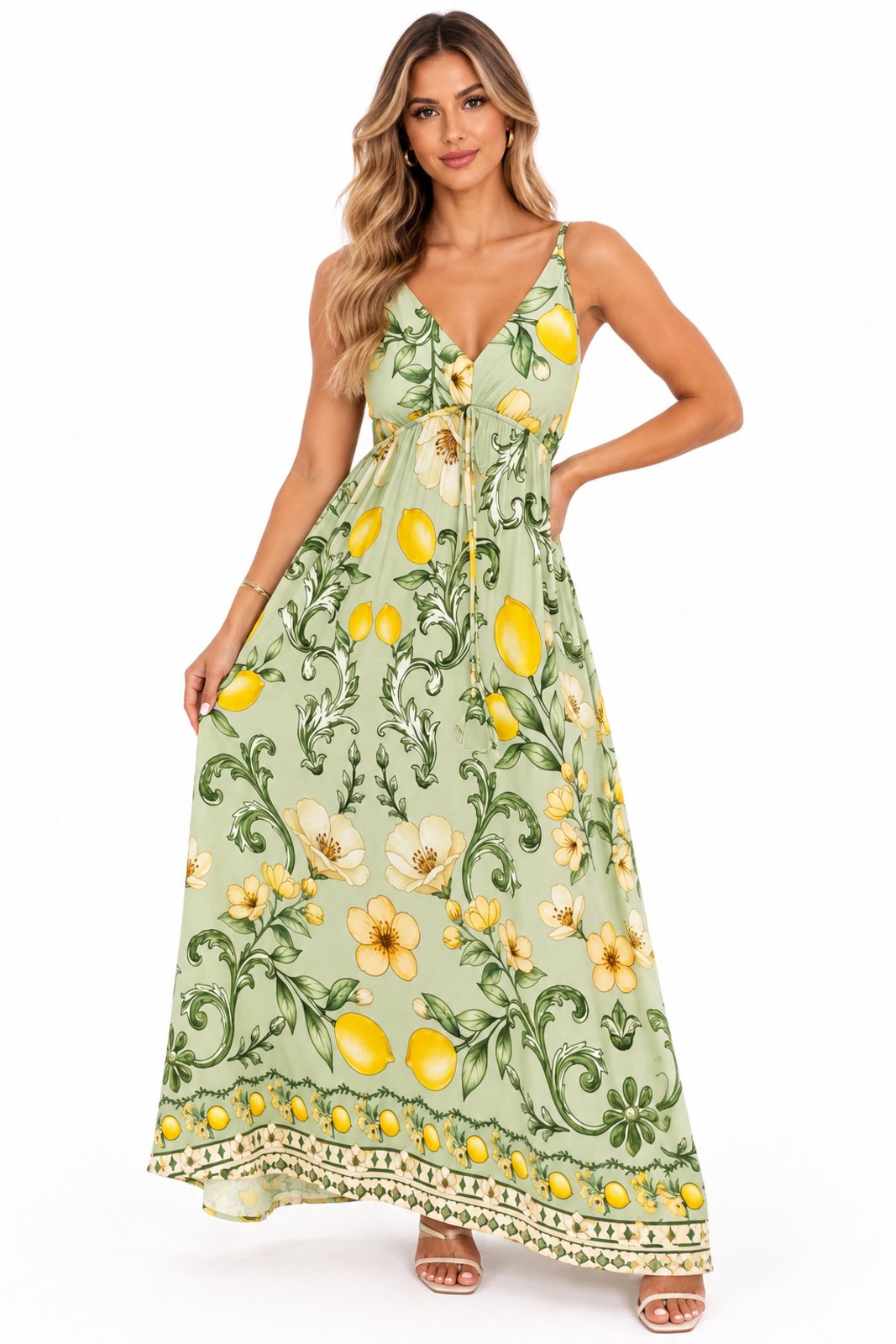 Vestido Longo D Bell Outlet Fashion Estampado Lemons Alcinha Verde Claro