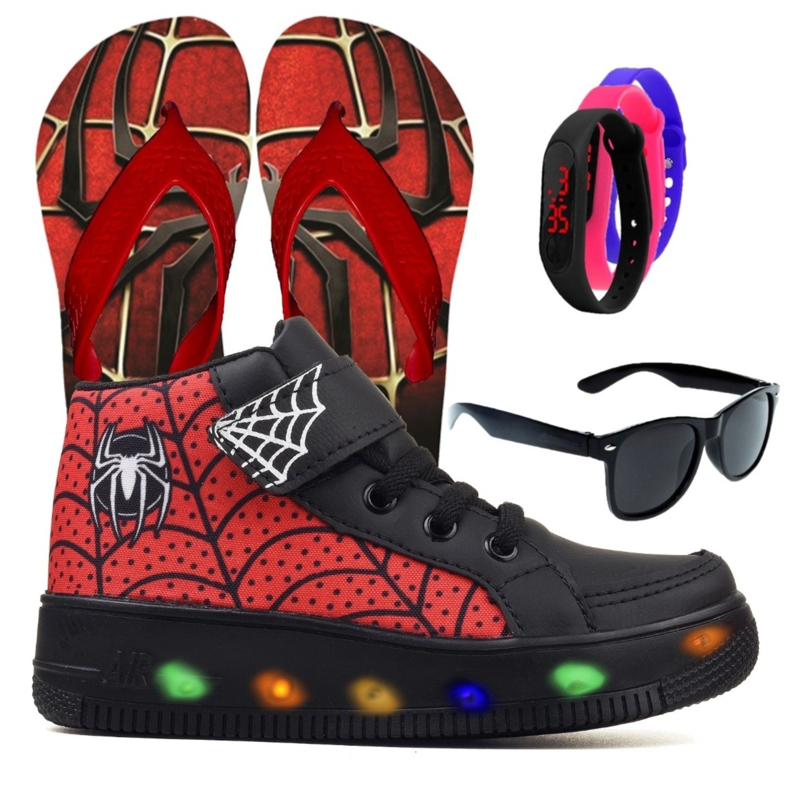 Infantil – Kit Tênis De Led Botinha Aranha Preto Meninos Chinelo Óculos Relógio