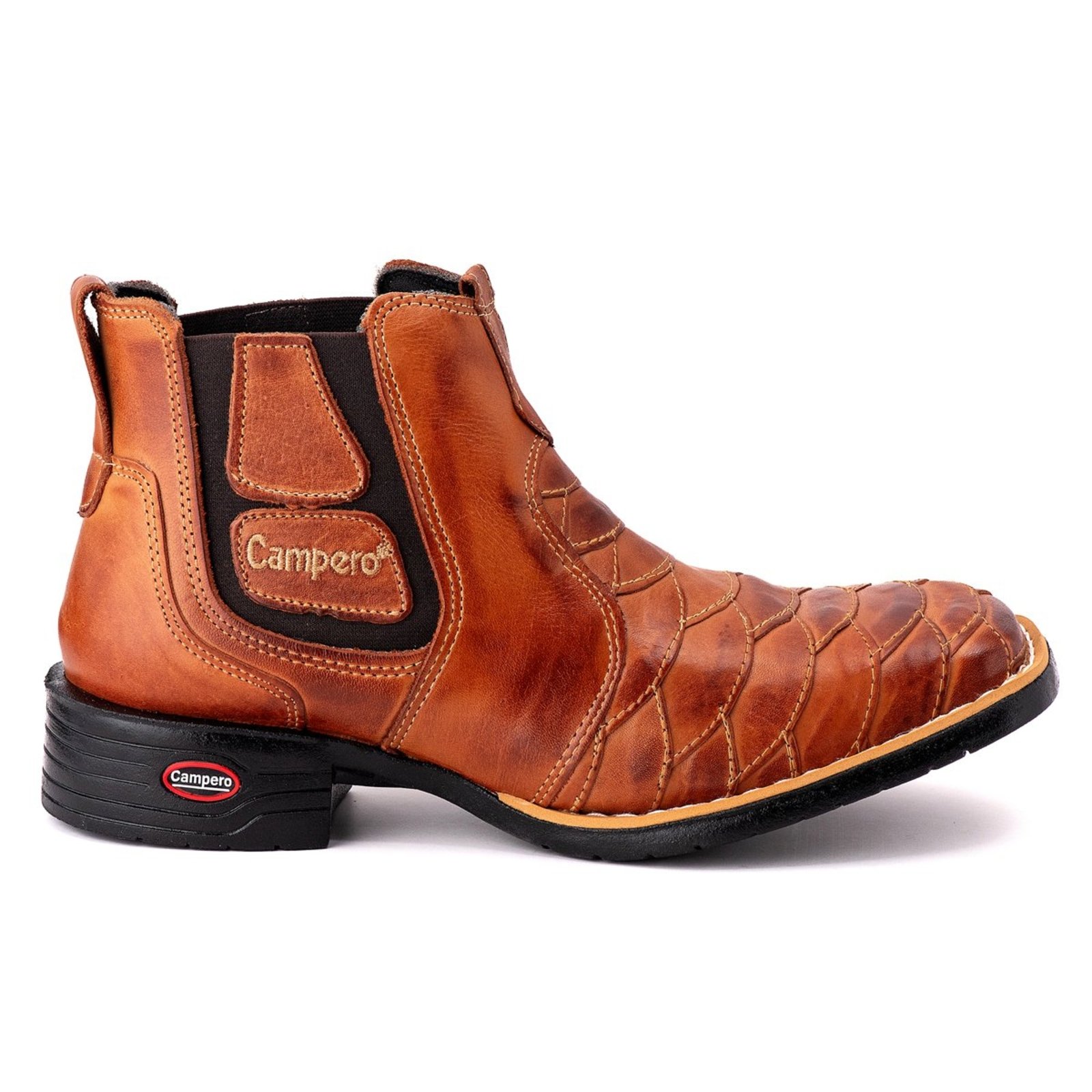 Bota Botina Couro Texana Campero Bico Quadrado Escamada Pinhão
