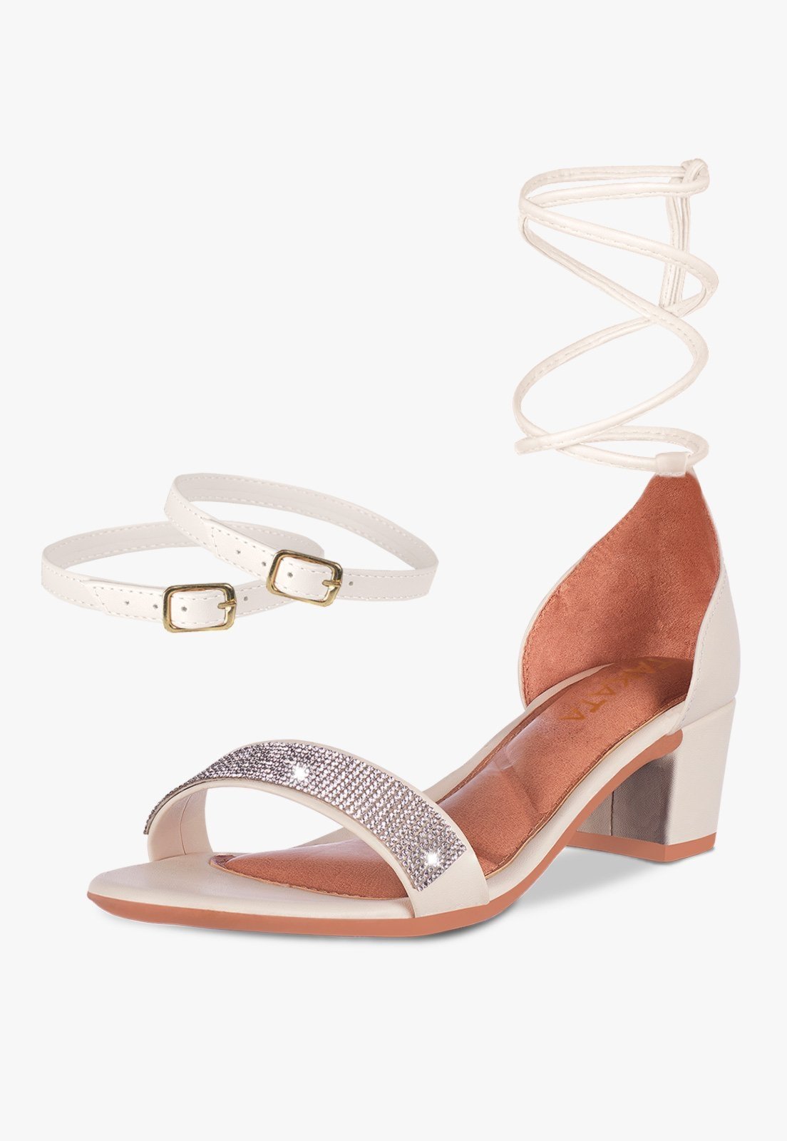 Sandália Feminina Tira Salto Quadrado Bloco Baixo Manta Strass Off White