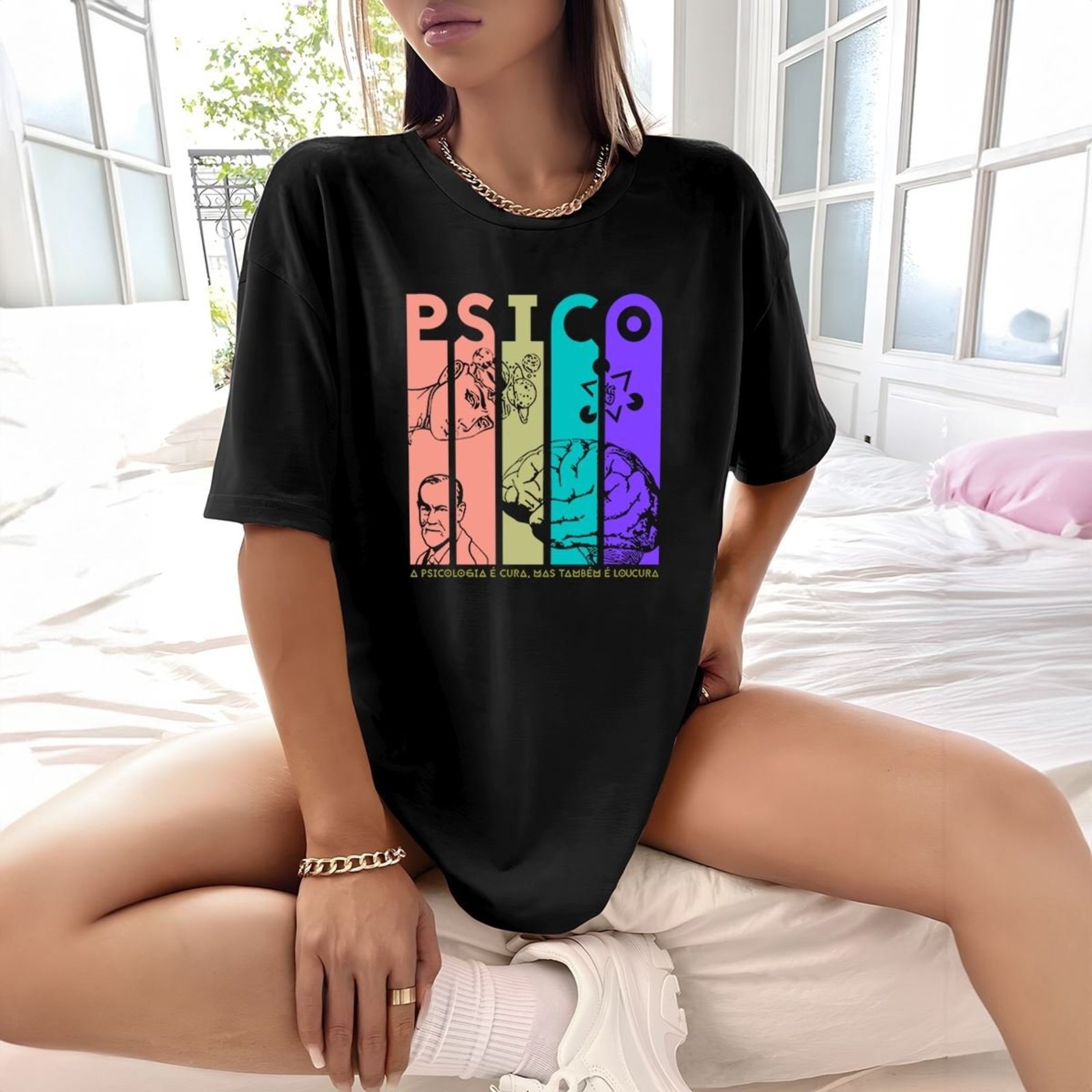 Camisa Camiseta Feminina Estampada A Psicologia é a Cura 100% Algodão Fio 30.1 Penteado – Preto