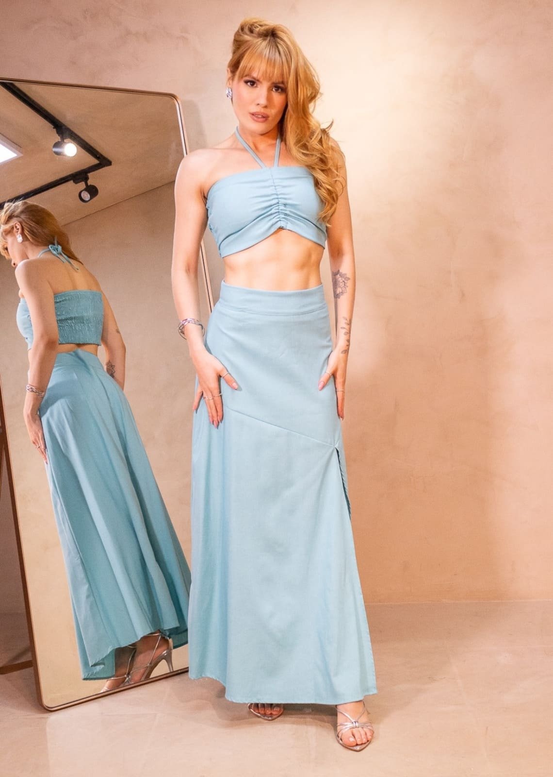 Conjunto Cropped e Saia Longa Amarração com Fenda Dérika Cia do Vestido Azul