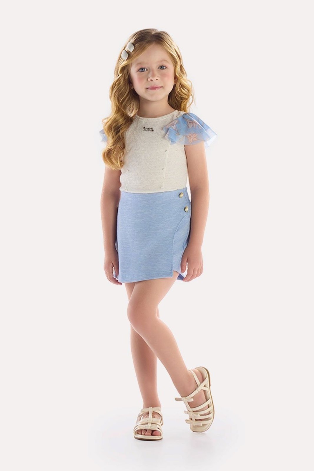 Infantil - Conjunto Blusa em Malha Texturizada com Short-Saia Azul em Moletinho