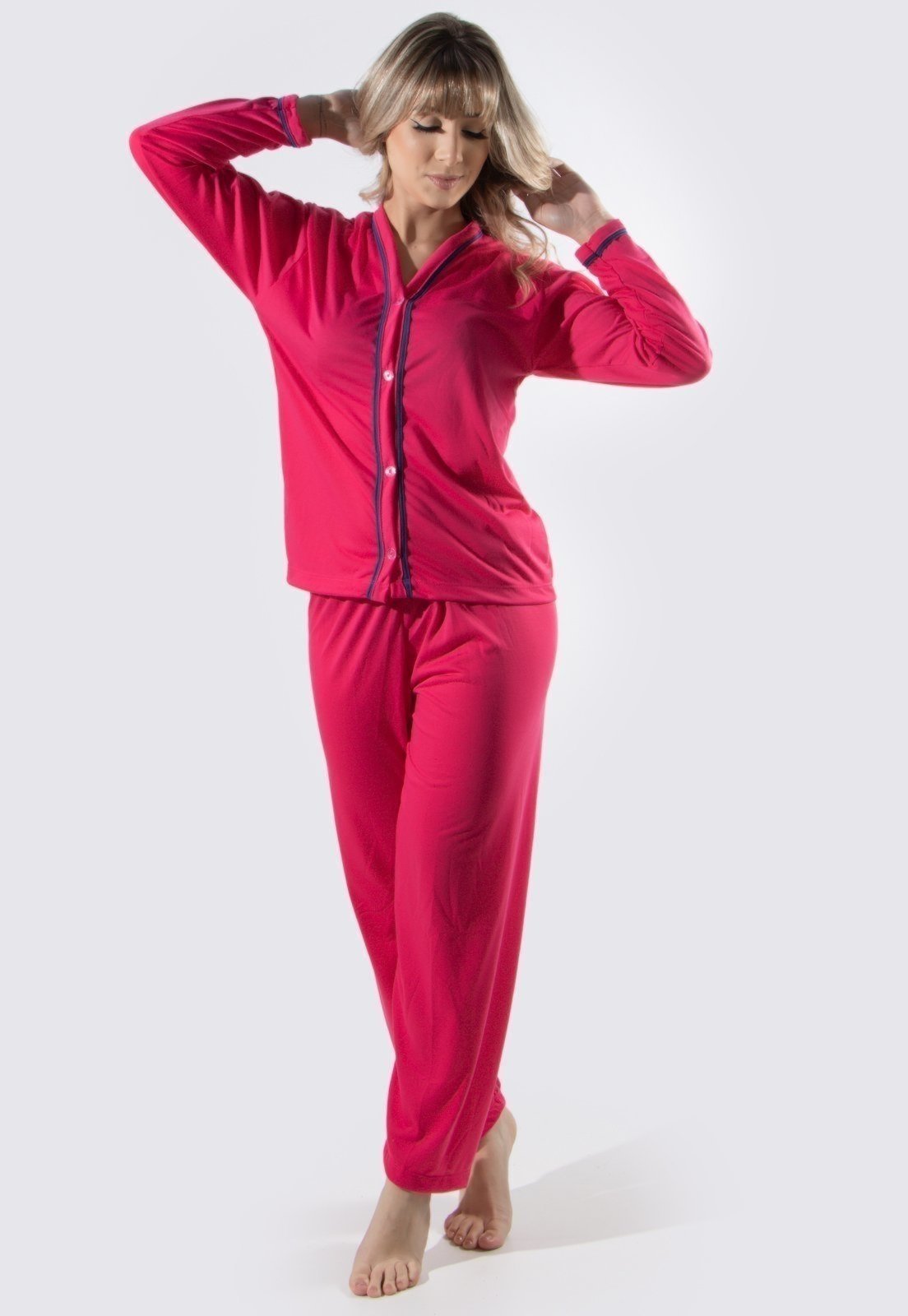 Pijama Blogueira Longo Aberto Botões Rosa
