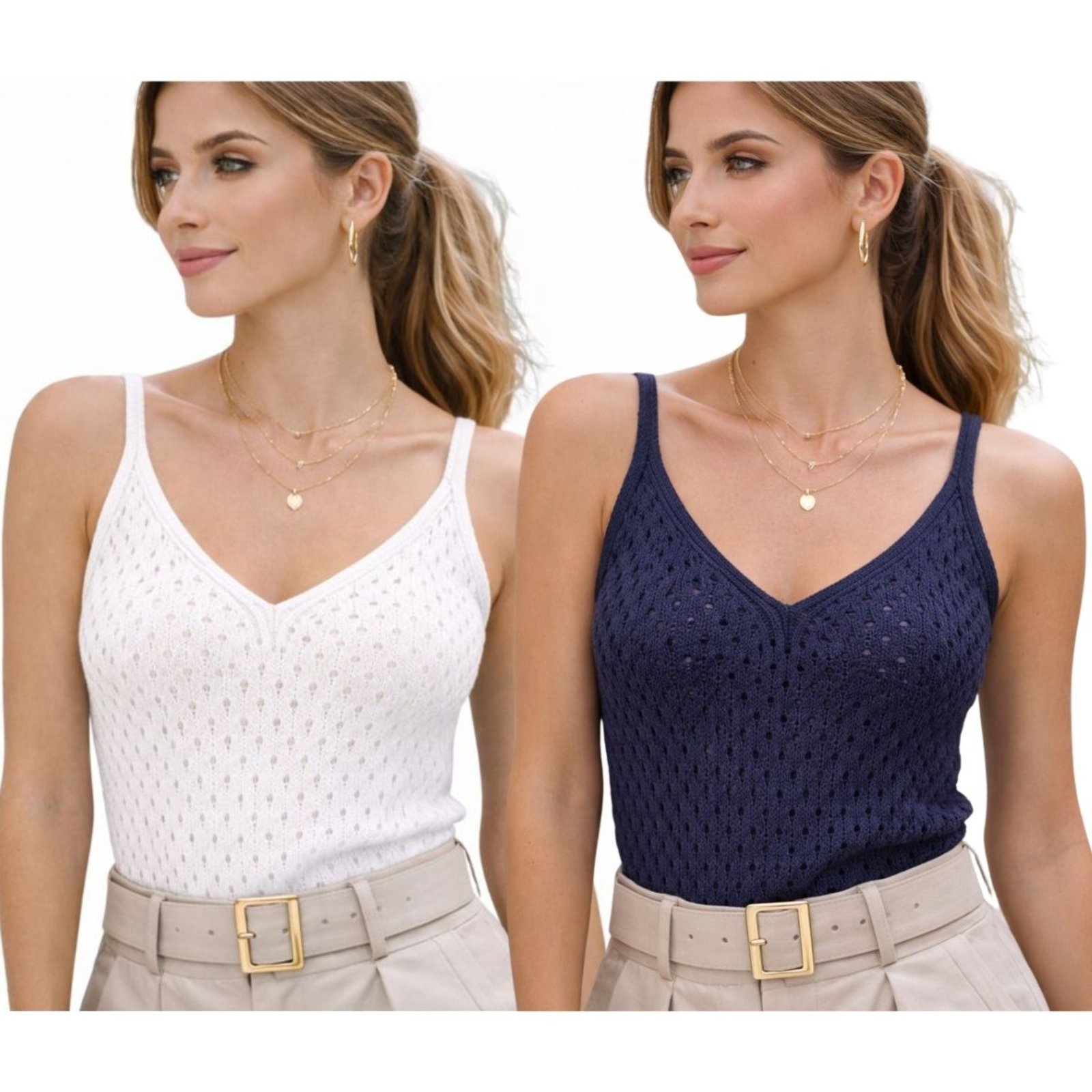 Kit 2 Blusas Regata Feminina Tricô Alça Fina Decote V