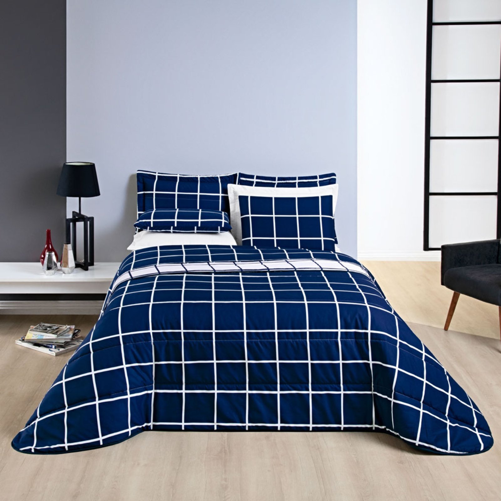 Kit Cobre Leito Colcha Casa Scarpa Brooklyn King Quadriculado Micropercal 200 Fios 3 Peças - Azul Marinho