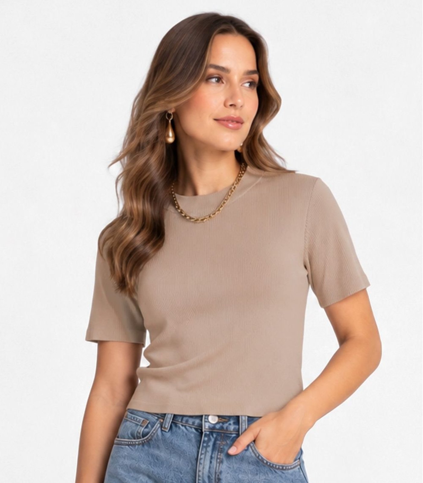 Blusa Feminina Ribana Gola Em Molde Infinita Cor Marrom