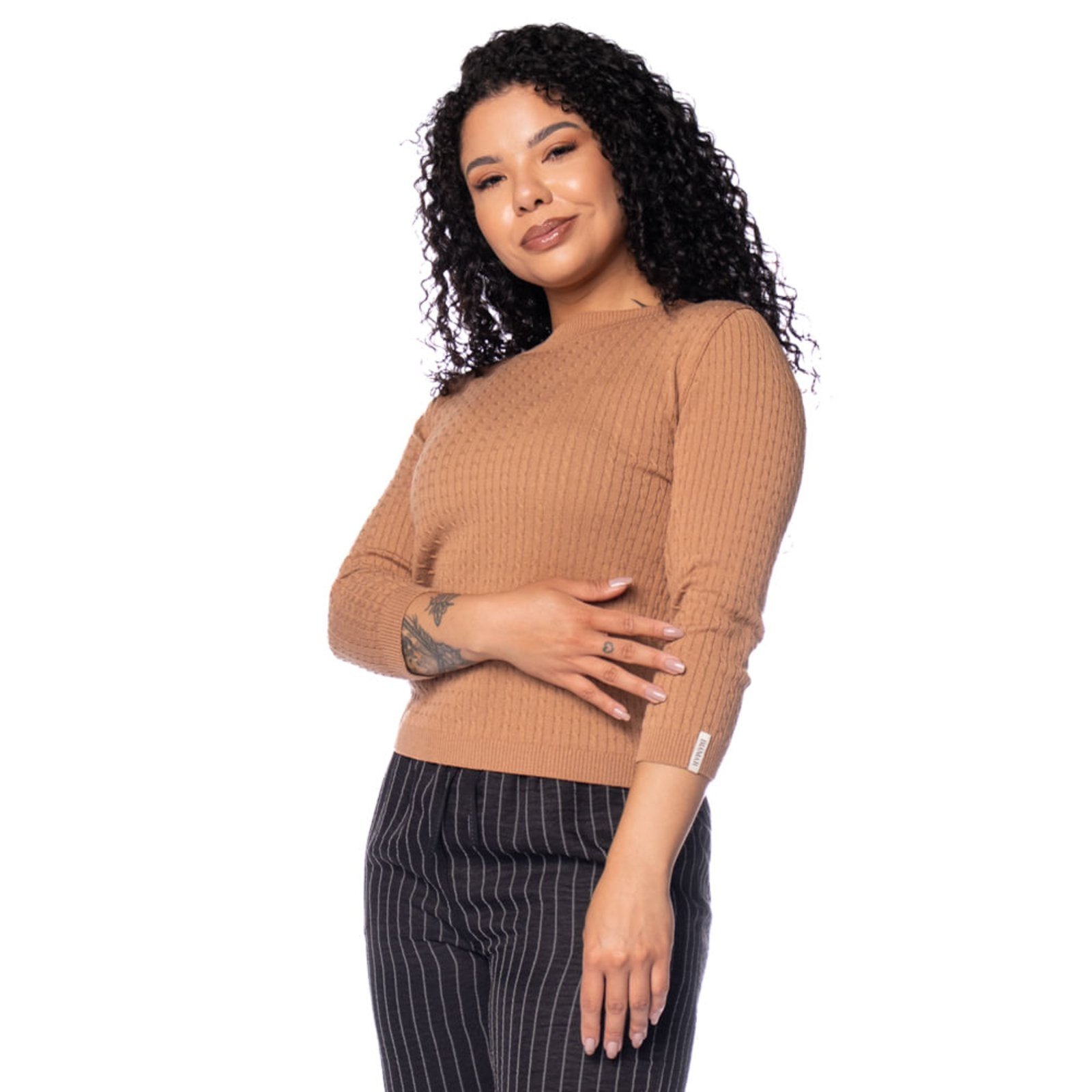Blusa Feminina Biamar Canelada Tranças Marrom Claro